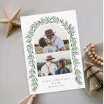 Greenery Arch Modern Script 2 Photo Christmas Feestdagenkaart<br><div class="desc">A festive 2 photo Christmas holiday card with hand painted watercolor garland and modern script typography. The back has a place for a longer personal note. Click the edit button to customize this design with your details.</div>