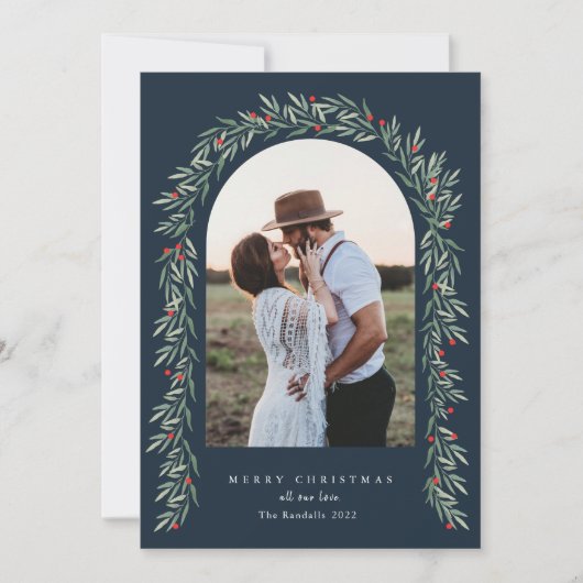 Greenery Arch Modern Script Foto Kerstmis Feestdagenkaart (Voorkant)