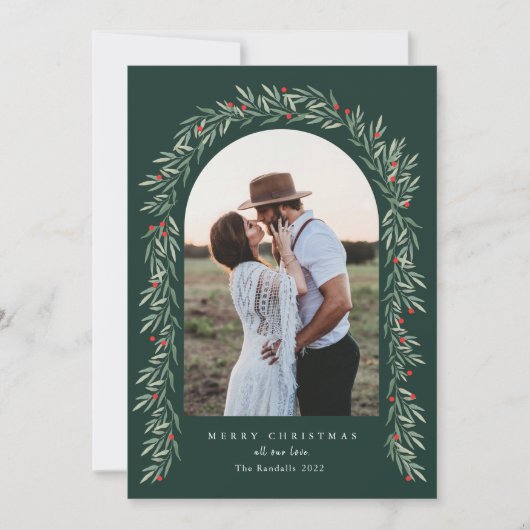 Greenery Arch Modern Script Foto Kerstmis Feestdagenkaart (Voorkant)