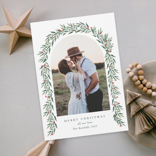 Greenery Arch Modern Script Foto Kerstmis Feestdagenkaart