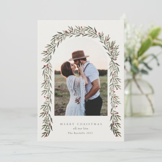 Greenery Arch Modern Script Foto Kerstmis Feestdagenkaart (Staand voorkant)