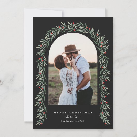 Greenery Arch Modern Script Foto Kerstmis Feestdagenkaart (Voorkant)
