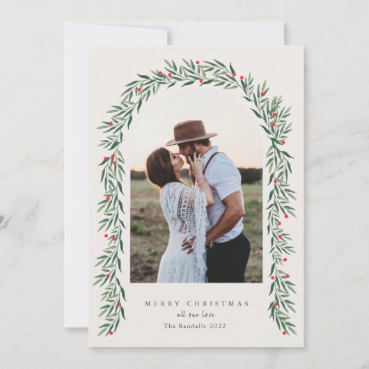 Greenery Arch Modern Script Foto Kerstmis Feestdagenkaart (Voorkant)