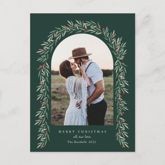 Greenery Arch Modern Script Foto Kerstmis Feestdagenkaart (Voorkant)