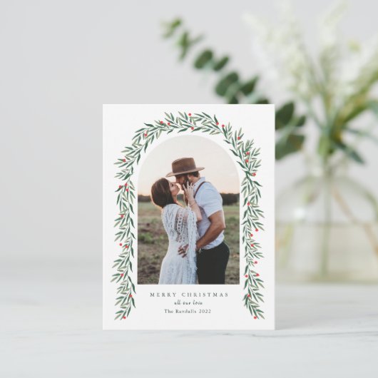 Greenery Arch Modern Script Foto Kerstmis Feestdagenkaart (Staand voorkant)