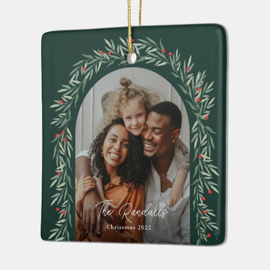 Greenery Arch Modern Script Foto Kerstmis Keramisch Ornament (Links)