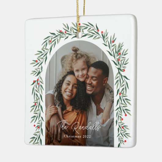 Greenery Arch Modern Script Foto Kerstmis Keramisch Ornament (Links)