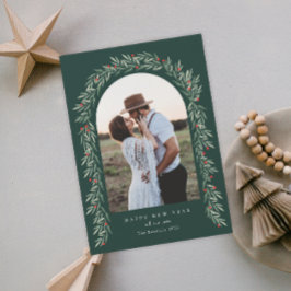 Greenery Arch Modern Script Photo Happy Nieuwjaar Feestdagenkaart