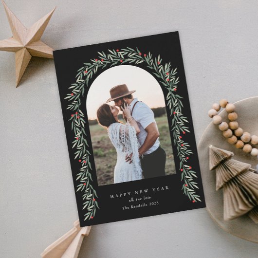 Greenery Arch Modern Script Photo Happy Nieuwjaar Feestdagenkaart