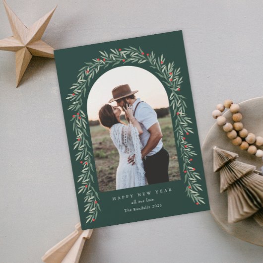 Greenery Arch Modern Script Photo Happy Nieuwjaar Feestdagenkaart