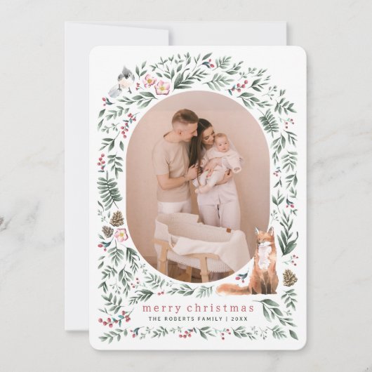 Greenery Arch Waterverf Woodland Kerstfoto Feestdagenkaart (Voorkant)
