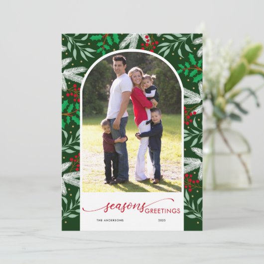 Greenery Arched Photo Green Season's groeten Feestdagenkaart (Staand voorkant)