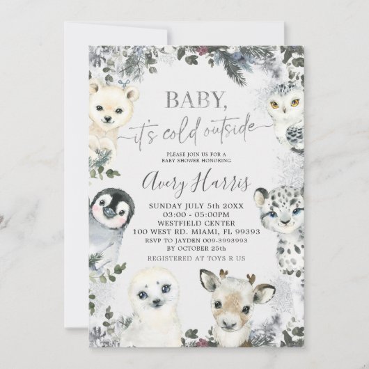 Greenery Arctic Animals Winter Baby shower Invite Kaart (Voorkant)