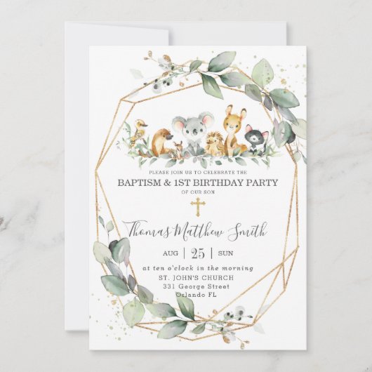 Greenery Australian Animals Baptism & 1st Birthday Kaart (Voorkant)