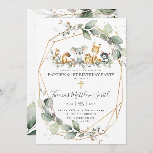 Greenery Australian Animals Baptism & 1st Birthday Kaart (Voorkant / Achterkant)