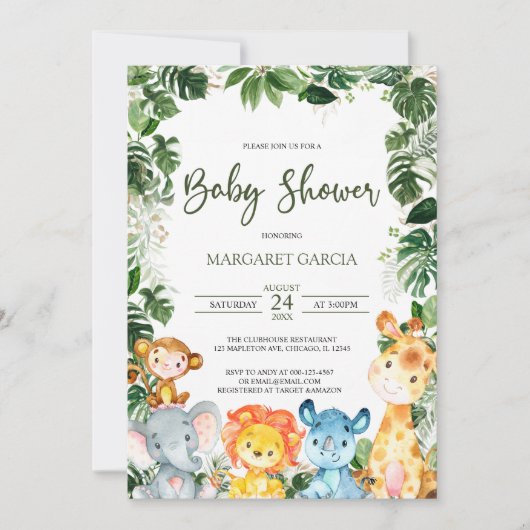 Greenery Baby Boy Safari Animals Baby shower Kaart (Voorkant)