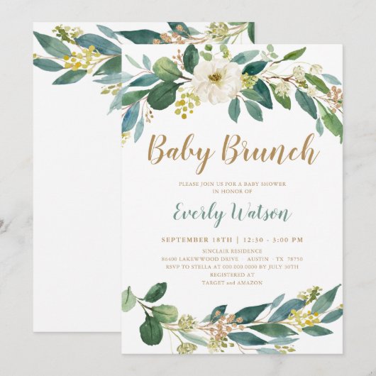 Greenery Baby Brunch Invitation Kaart (Voorkant / Achterkant)
