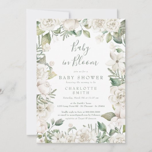 Greenery Baby in Bloom Floral White Baby shower Kaart (Voorkant)