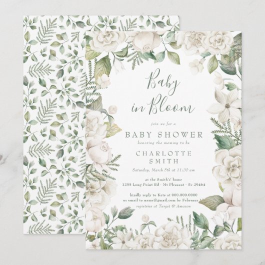 Greenery Baby in Bloom Floral White Baby shower Kaart (Voorkant / Achterkant)