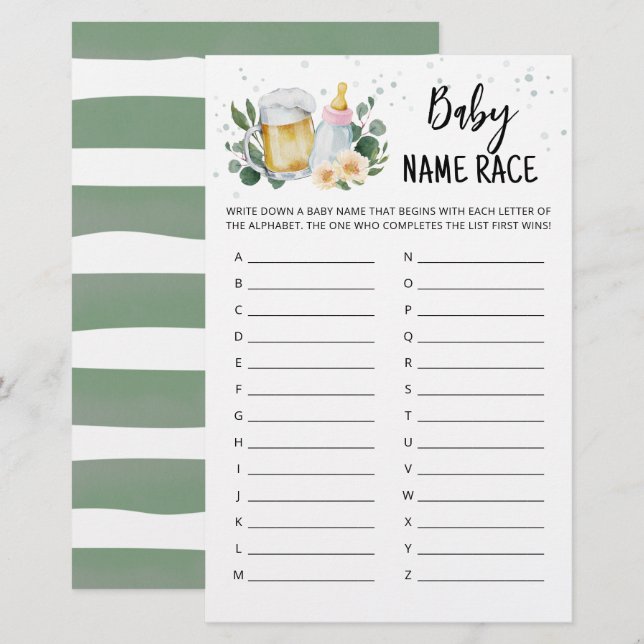 Greenery Baby Is Brewing Baby Name Race Game pink (Voorkant / Achterkant)