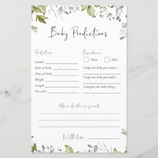 Greenery Baby shower Game - Baby voorspellingen (Voorkant)