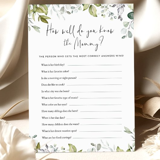 Greenery Baby shower Game Hoe goed ken je mama?