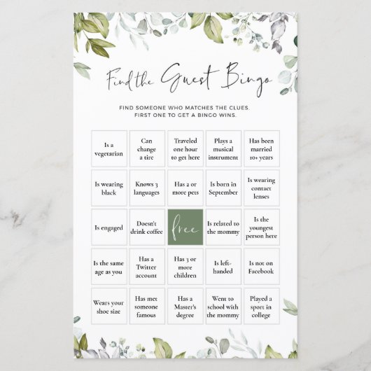 Greenery Baby shower Game vindt de gastbingo (Voorkant)