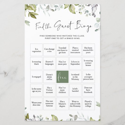 Greenery Baby shower Game vindt de gastbingo (Voorkant)