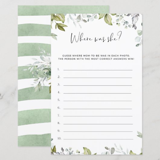 Greenery Baby shower Game waar was ze? (Voorkant / Achterkant)