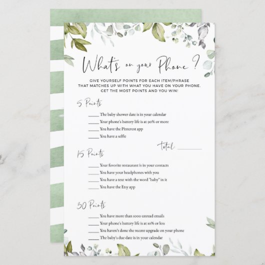 Greenery Baby shower Game Wat is er op je telefoon (Voorkant / Achterkant)