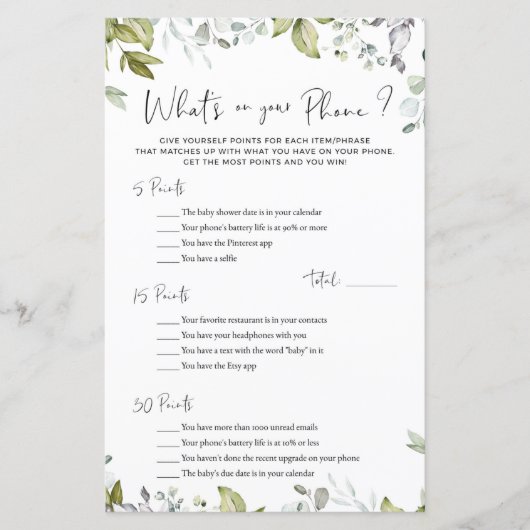 Greenery Baby shower Game Wat is er op je telefoon (Voorkant)