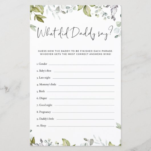 Greenery Baby shower Game - Wat zei papa? (Voorkant)