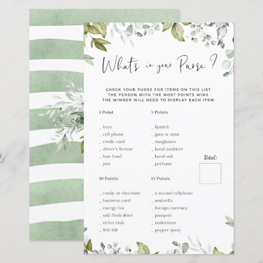 Greenery Baby shower Game Wat zit er in je tas? (Voorkant / Achterkant)