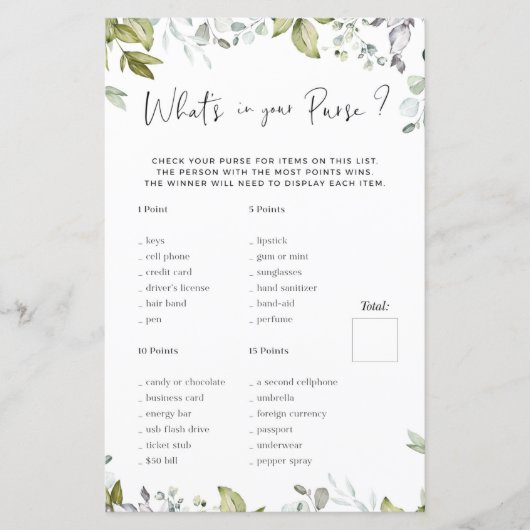 Greenery Baby shower Game Wat zit er in je tas? (Voorkant)