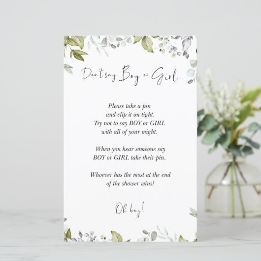 Greenery Baby shower Game zegt geen jongen of meis (Staand voorkant)