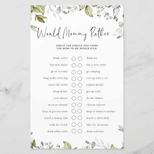 Greenery Baby shower Game - zou mama eerder zijn? (Voorkant)