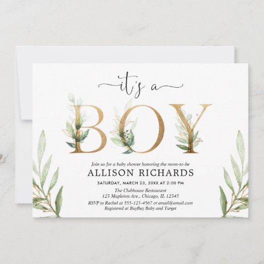 Greenery baby shower Het is een jongensgroen goudb Kaart (Voorkant)