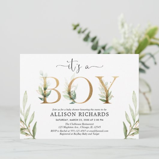 Greenery baby shower Het is een jongensgroen goudb Kaart (Staand voorkant)