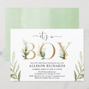 Greenery baby shower Het is een jongensgroen goudb Kaart