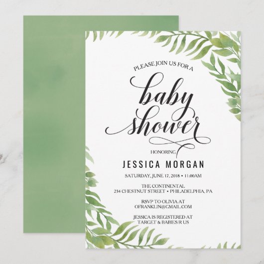 Greenery Baby shower Invitation Baby shower Kaart (Voorkant / Achterkant)
