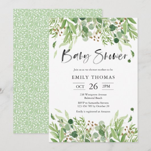 Greenery Baby shower Invitation Kaart (Voorkant / Achterkant)