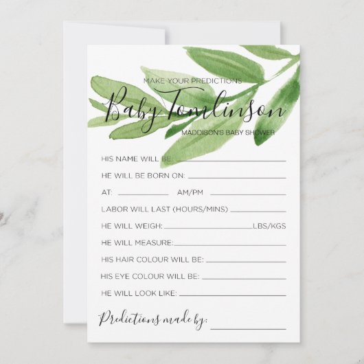 Greenery Baby shower Predications Raad spelkaart Kaart (Voorkant)