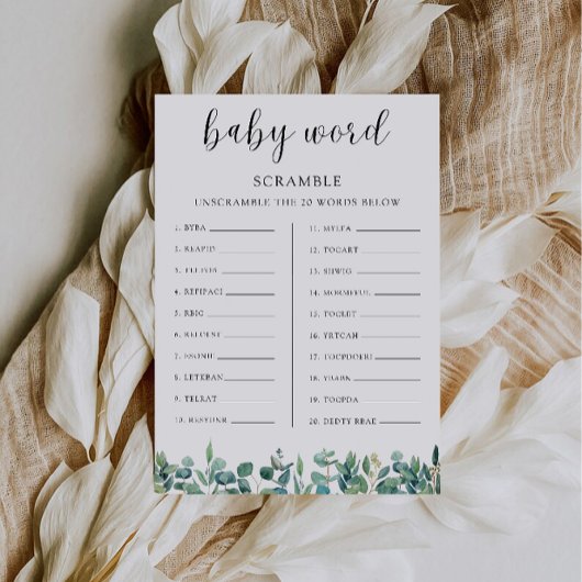 Greenery Baby shower spel – Word scramble Kaart