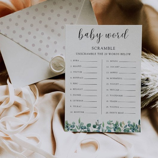 Greenery Baby shower spel – Word scramble Kaart