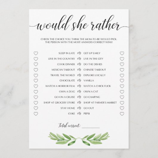 Greenery Baby shower zou ze liever Kaarten spelen (Voorkant)