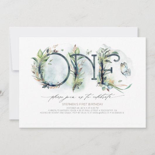 Greenery Baby's 1e verjaardag Uitnodiging - Neutra (Voorkant)