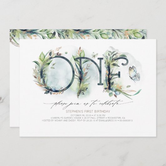 Greenery Baby's 1e verjaardag Uitnodiging - Neutra (Voorkant / Achterkant)