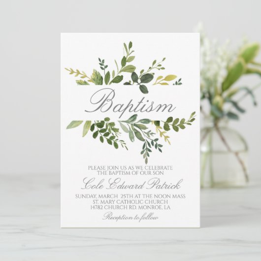 Greenery Baptism Invitation Kaart (Staand voorkant)