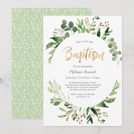 Greenery Baptism Invitation Kaart (Voorkant / Achterkant)