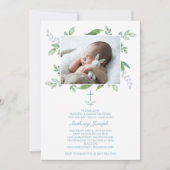 Greenery Baptism Invite Boy Foto Kaart (Voorkant)